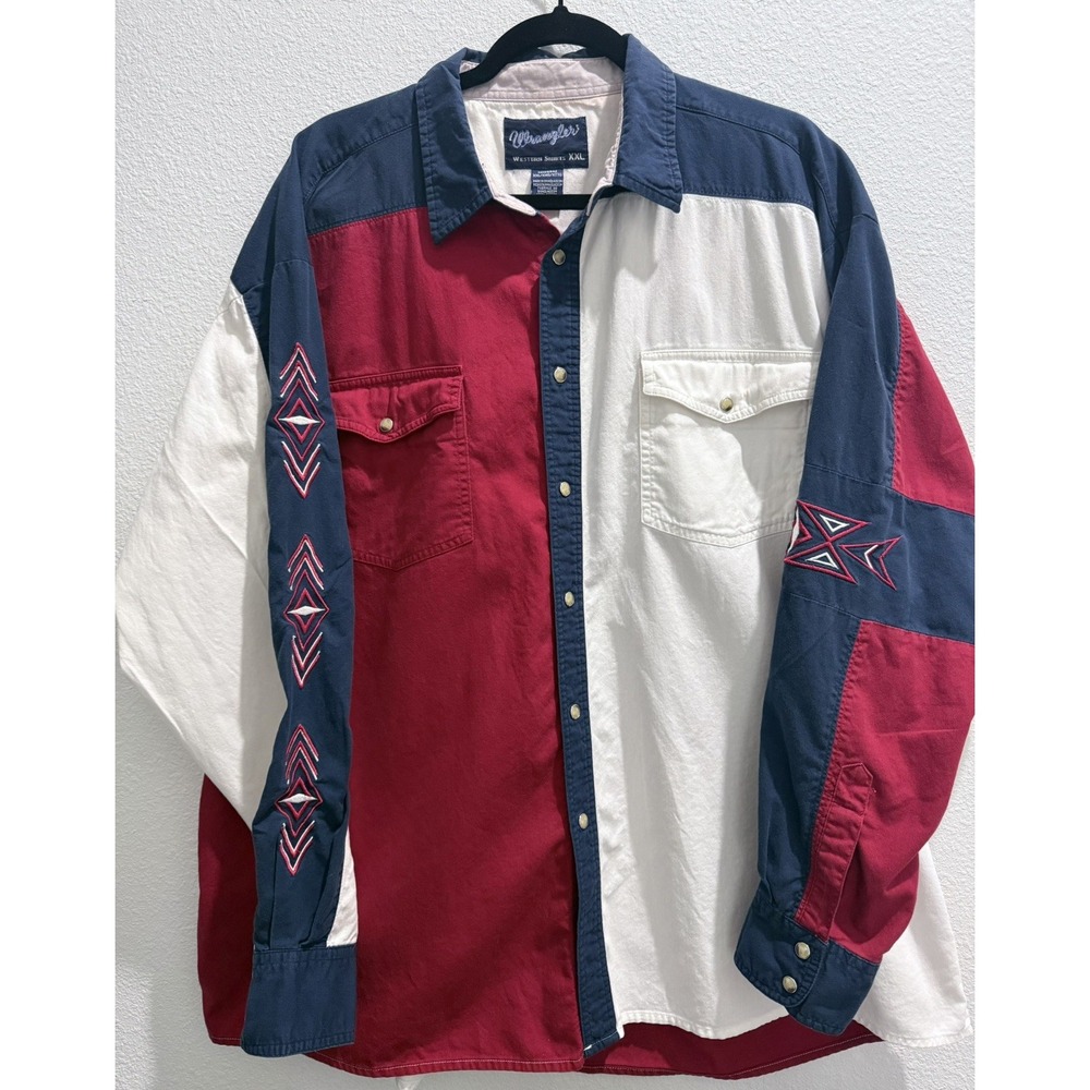 Vintage Wrangler Pearl Snap Long Sleeve Shirt XXL Red White Blue Embroidered 90s